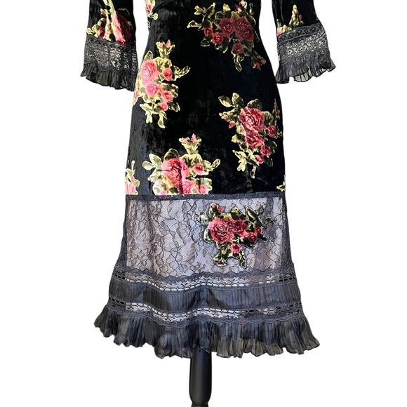 RARE Vintage 90s Y2K Sue Wong Sheer Lace & Velvet Floral Goth Witchy Vamp Dress - Picture 4 of 9